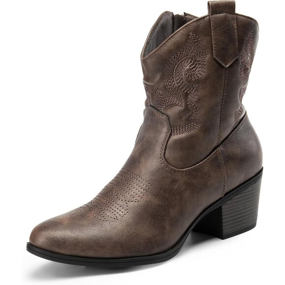 DREAM PAIRS Ankle Boots Women's Brown Leather Fashion Low chunky Heel Round Toe - Picture 1 of 7